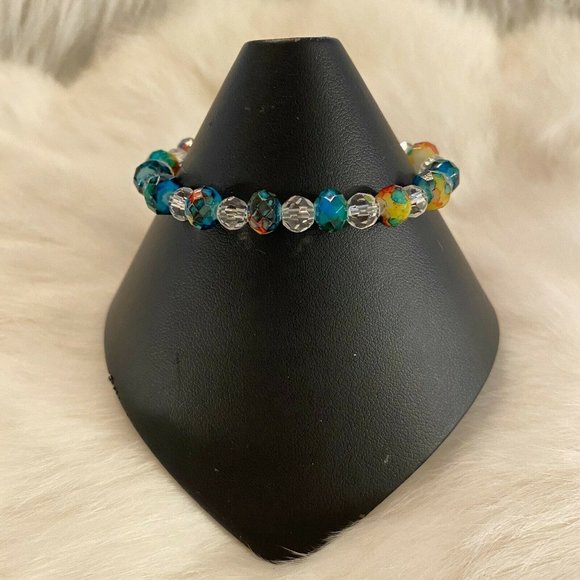 1980s STyle Multi Color Beaded Bracelet Multi Faceted Beads Adjustable 6205 - Picture 1 of 9